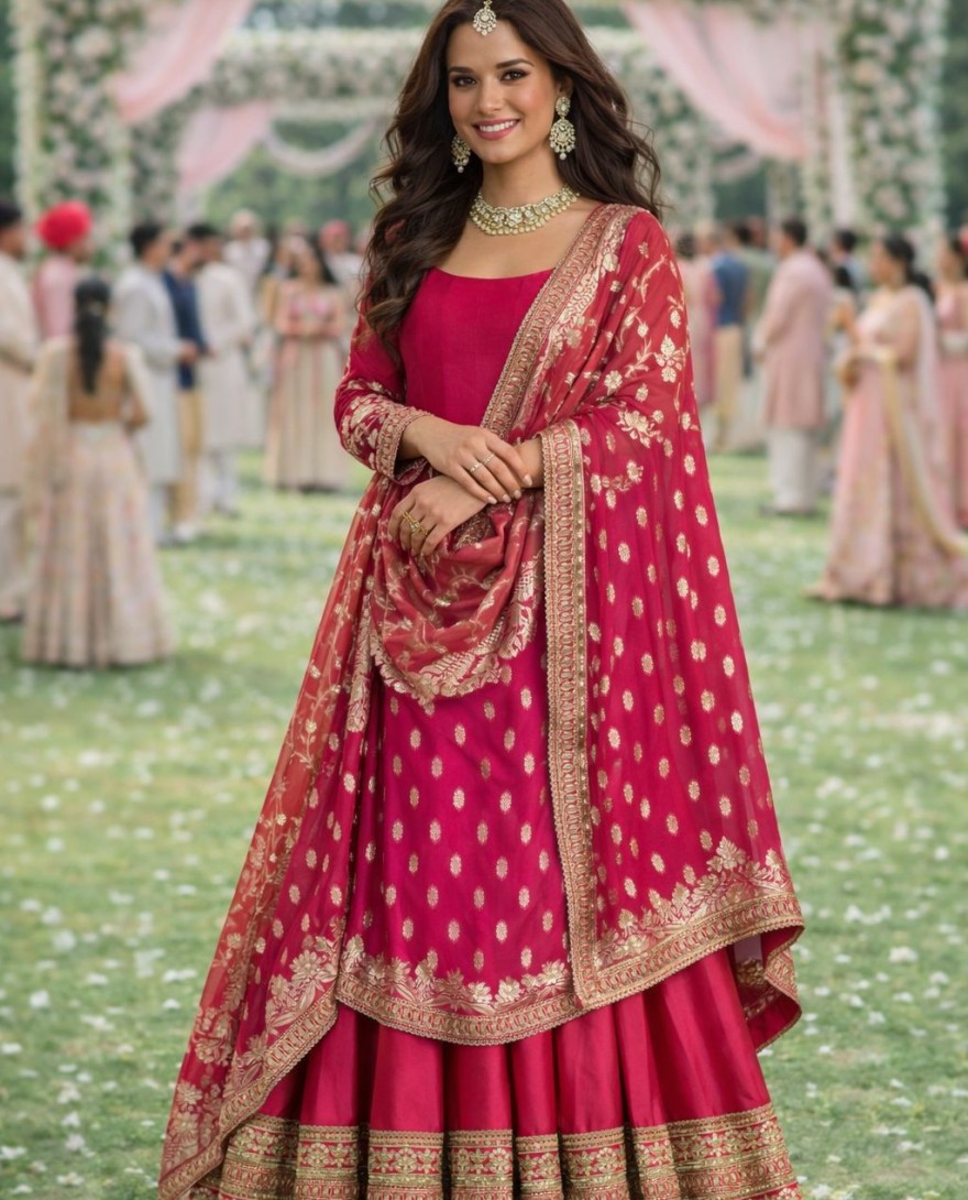 PINK - Gajari Pink Embroidered Silk Gown with Dupatta